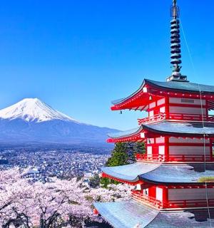 一座红色的宝塔，背景是一座山