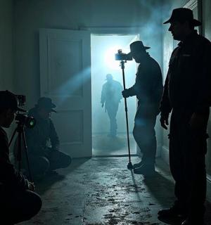 a group of men standing in a dark room with a camera