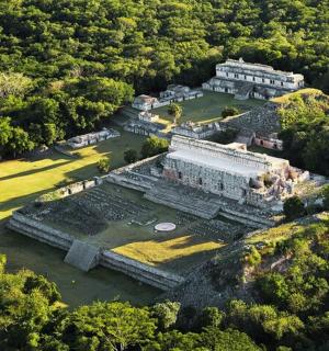 an aerial view of a large building in the woods
