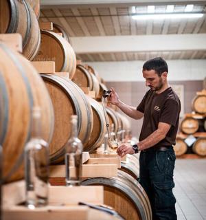 en mand står i et vinsmagningslokale