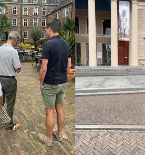 两张人们站在建筑物外面的照片