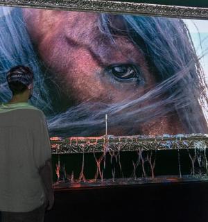 un home dret davant d'una pintura d'una dona