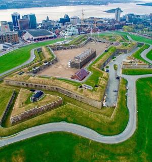 an aerial view of a park in a city