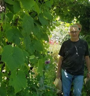 一名男子沿着花园小路行走