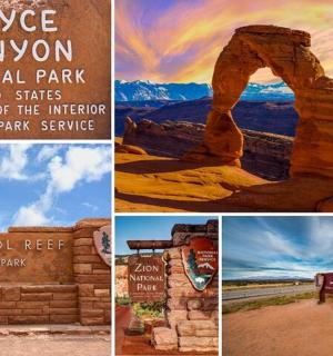 a collage of photos of the arch at the entrance to the park