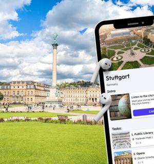 ein iPhone vor einem Gebäude mit Blick auf einen Park