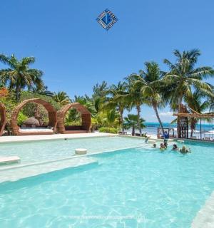 度假村的游泳池里有人