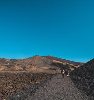 dva lidé jdoucí po prašné cestě v poušti