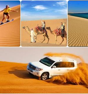 a group of four pictures of a desert with a truck and a camel