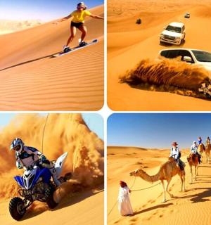 four pictures of people riding horses in the desert