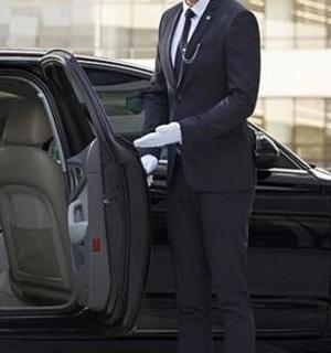 一名穿着西装的男子站在一辆汽车旁边