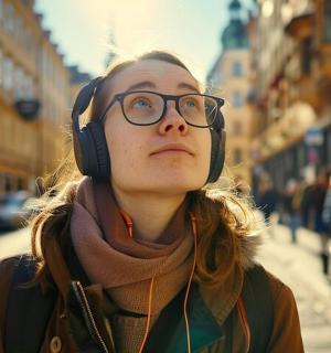 a woman wearing glasses and headphones on a city street
