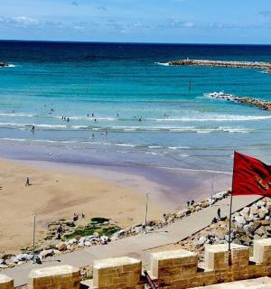 a view of a beach with a red flag