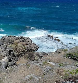 egy sziklás part, a háttérben az óceánnal