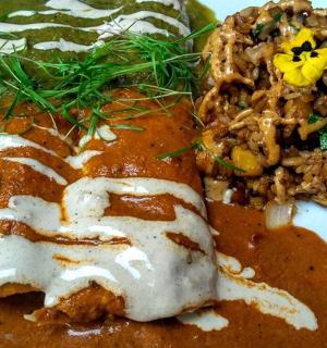 一盘食物和一块带酱汁的肉