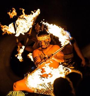 a man in a fire costume holding an umbrella