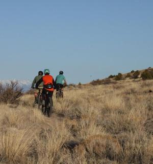 three people riding bikes on a grassy hill