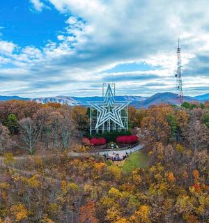 an aerial view of a tower in the middle of a forest