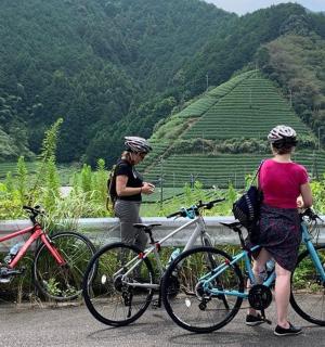 三位女士站在路边的自行车旁