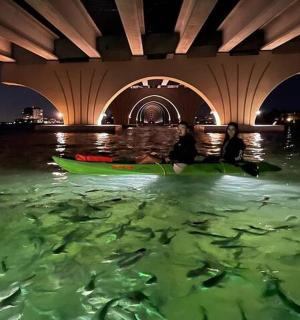 Skupina lidí v kajaku ve vodě v noci