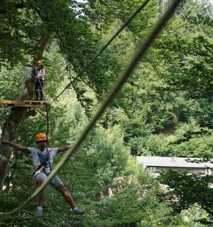 muž na zip line ve stromech