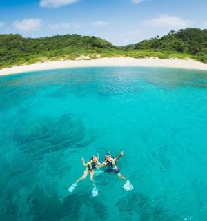 a group of people swimming in the ocean