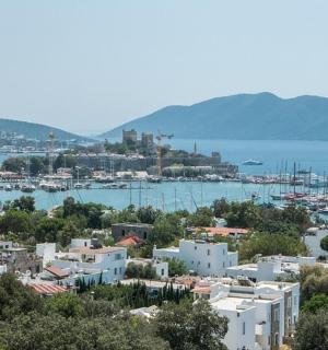 eine Stadt mit einem Hafen und Booten im Wasser