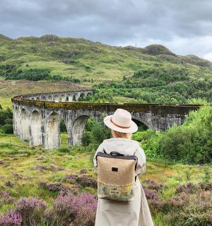 一位女士站在田野里望着一座桥