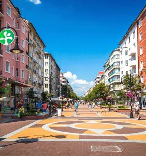 a city street with buildings and a clock on the street