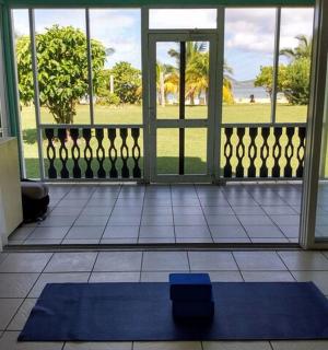 门前地板上的蓝色瑜伽垫