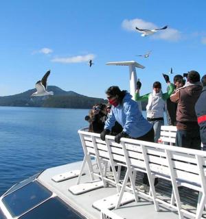 eine Gruppe von Menschen auf einem Boot, die Vögel fotografieren
