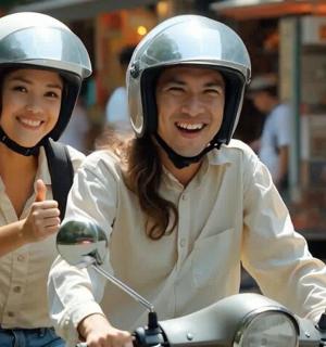 two people wearing helmets riding a scooter