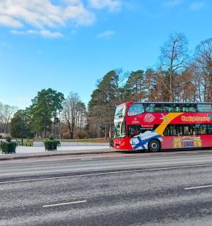 un autobuz roșu cu etaj care circulă pe un drum