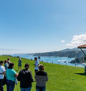 a group of people standing on a hill looking at the ocean