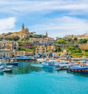 a group of boats docked in a harbor with a city
