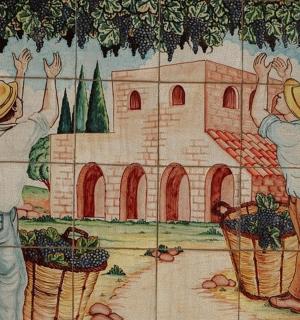 a painting of two men standing inront of a castle