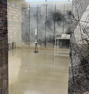 ein Raum mit schwarz-weißer Kunst an den Wänden