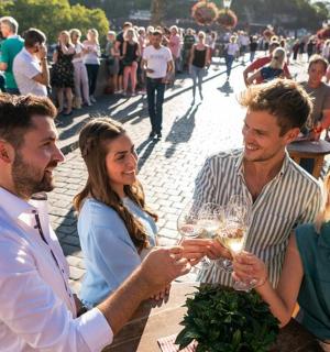 eine Gruppe von Menschen steht mit Weingläsern um einen Tisch herum