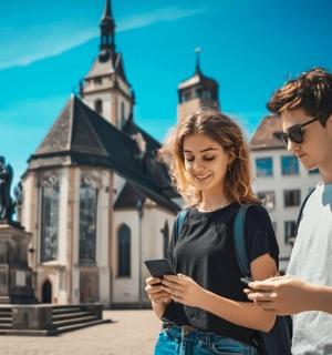 ein Mann und eine Frau schauen auf ein Mobiltelefon