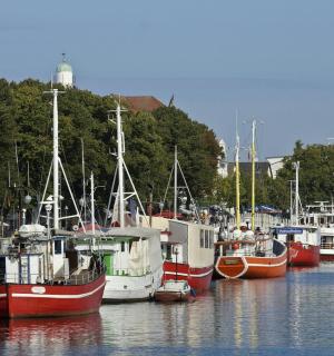 a group of boats docked in a harbor