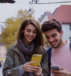 a man and a woman looking at their cell phones