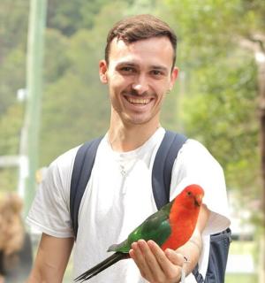 一名男子手里拿着一只色彩鲜艳的鸟