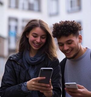 一名男子和一名女子正在看手机