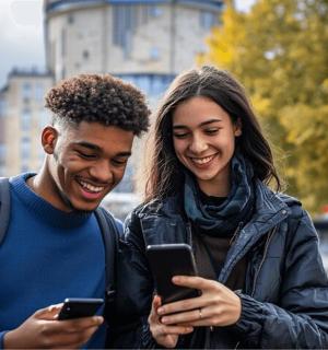 一名男子和一名女子正在看手机