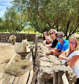 a group of people sitting on a wall at a zoo