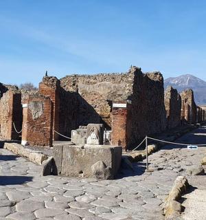 ancient ruins of a city with a mountain in the background