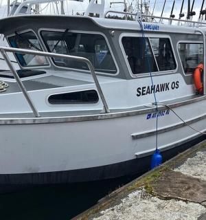 a white boat is docked at a dock