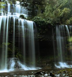 a waterfall in the middle of a forest