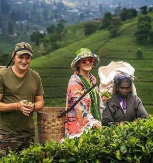 skupina lidí stojících na čajové plantáži