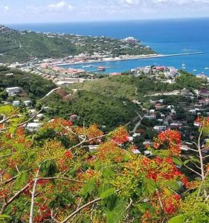 a view of a town on a hill with the ocean